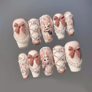 Sweet 3D Press On Nails with Pink Rabbit & Heart Bows - Kawaii Nail Art