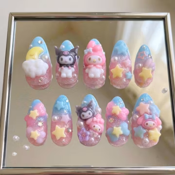 Kawaii Sanrio Press On Nails | My Melody Kuromi Nails | 3D Pastel Star Nails | Cute Japanese Nail Set
