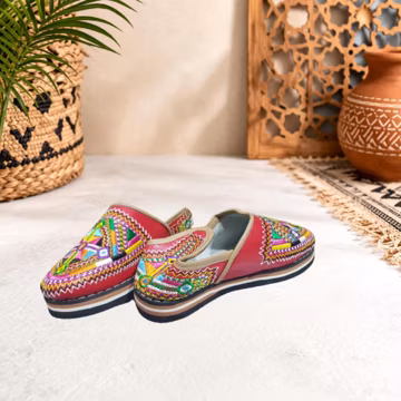 Red Moroccan Babouche Slippers, Handmade Leather Shoes, Traditional Berber Embroidery, Colorful Artisan Slip On, Gift for Her