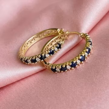 Minimalist Blue Sapphire & Diamond Huggie Hoop Earrings 14K Gold Plated Silver