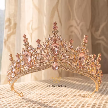 Blush Pink Crystal Tiara Crown | Gold Bridal Wedding Headpiece, Prom Princess Rhinestone Crown