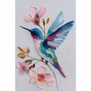 Hummingbird Impasto Oil Painting Print - Colorful Bird and Pink Flowers Art