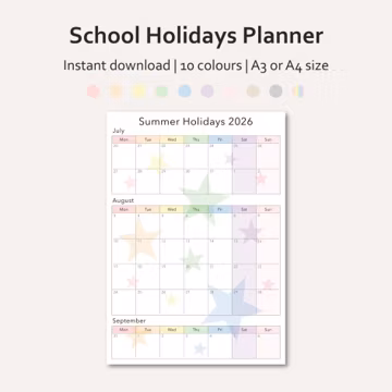 School Summer Holiday Calendar 2026 UK | A0-A5 Printable Family Planner | Kids Activity Schedule | Cute, Colourful Design | Instant Download