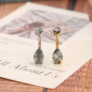 Gold Moss Agate Teardrop Belly Button Ring G23 Titanium Natural Stone Navel Piercing Water Drop Belly Ring Body Jewelry Gift