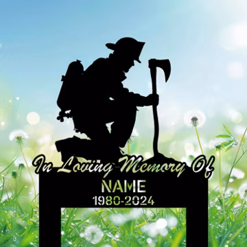 Personalized Fireman with Fire Axe Kneeling at Cross Grave Marker, Custom Memorial Metal Sign For Hero Dad, Cemetery Tribute Fireman Gift.