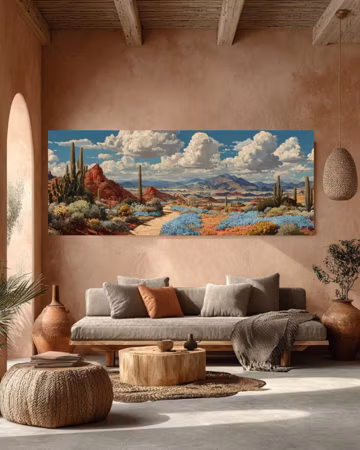 Warm Desert Landscape Canvas – Cacti, Mountains & Sun Rays in Earth Tones – American West Wall Art with Blue Flower Accent