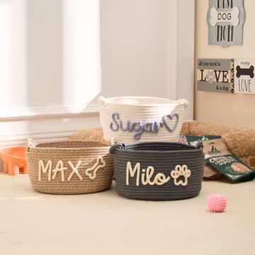 Personalized Pet Toy Basket – Custom Woven Storage Basket with Name, Dog or Cat Toy Organizer, Pet Gift Basket