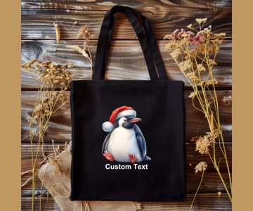 Christmas Penguin Cotton Canvas Tote Bag, Personalized Gift