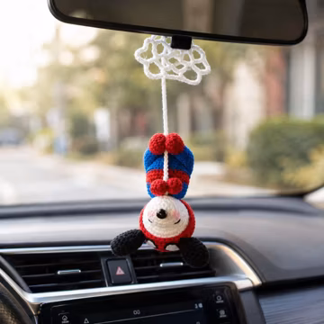 Custom Spider Hero Snoopy Crochet Car Hanging, Handmade Amigurumi Rearview Mirror Charm, Cute Beagle Car Decor, Gift for Comic Fans