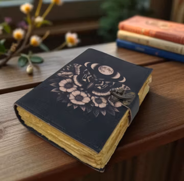 400 Pages large -Celestial Luna Moth Leather Journal with Moon Phase Design -Book of Shadows with Lock, 200 Deckle Edge Pages.