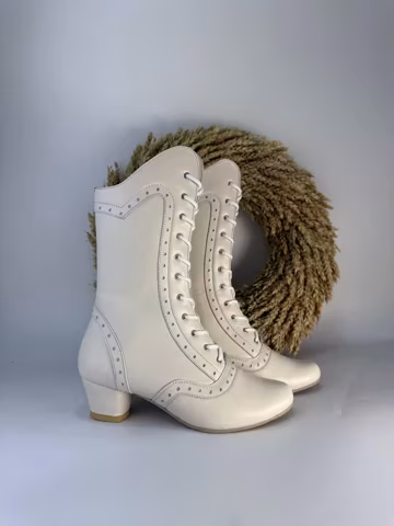 Ivory Leather Lace Up Ankle Boots, Handmade Victorian Bridal Boots, Cream Wedding Booties with Side Zipper and Low Heel