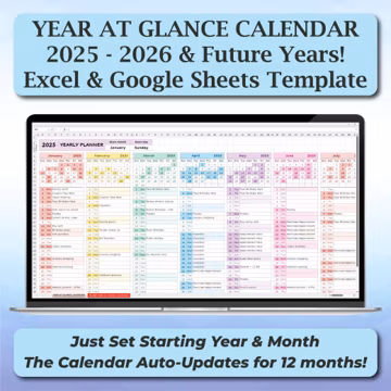 One-Page Monthly Planner, 12 Months Yearly Overview Spreadsheet for Google Sheets & Excel Template, Excel Annual Calendar Template