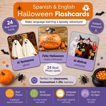 Spanish English Halloween Flashcards for Kids | Bilingual Vocabulary Printable PDF | Preschool & ESL Learning