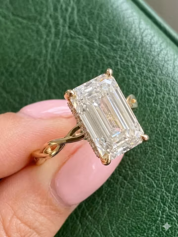 4 CT Emerald Cut Moissanite Engagement Ring, Twisted Gold Band Hidden Halo Ring, Solitaire Emerald Diamond Ring Unique Bridal Gift for Women