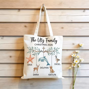 Custom Family Christmas Tote Bag: Coastal Shell Art Keepsake, Oyster Shell Tote Bag