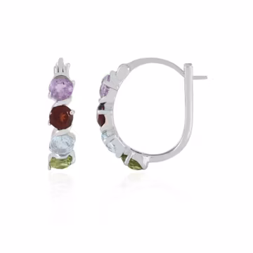 Multi Gemstone Hoop Earrings, Half Hoop Earrings, 925 Sterling Silver Earrings, Birthstone Personalized Hoop earrings