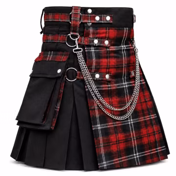 Men's Gothic Black Hybrid Kilt Front Tartan Apron With Pleats Available In 50+ Inner Tartan Pleats Available Sizes 28" to 62"