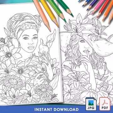 Set 2 hand drawn Coloring pages for adults female portraits Instant Download Printable