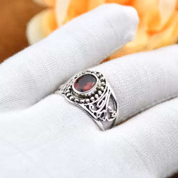 Oval Garnet Engagement Ring, Minimalist Sterling Silver Wedding Ring