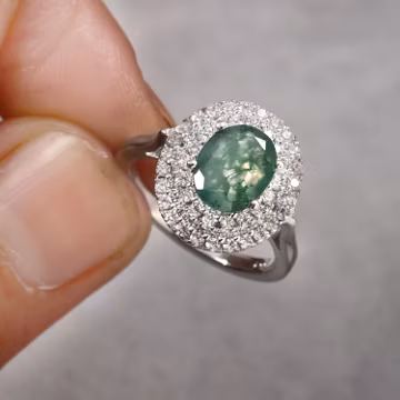 Handmade Oval Moss Agate Ring: 925 Sterling Silver, CZ Accents