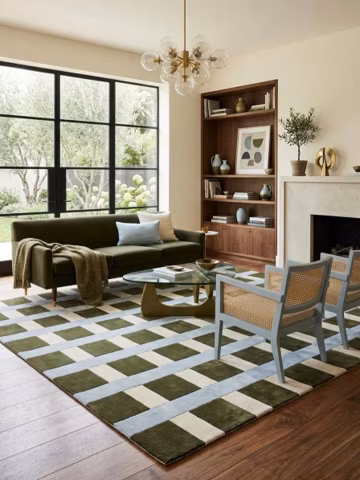 Modern Hand Tufted Wool Rug, Olive Green & Light Blue Grid Checkered Area Rug for Living Room Bedroom, Custom Size 5x8 6x9 8x10 Large Rug