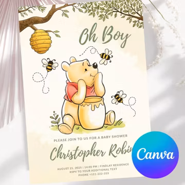Winnie the Pooh Baby Shower Invitation: Hand-Drawn Canva Template (Digital Download).