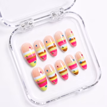 Colorful Stripe Press On Nails, Neon Rainbow Nails, Cute Summer Nails, Handmade Fake Nails, Reusable Glue On Nails, Gift for Nail Lover