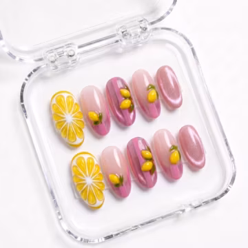Lemon Press On Nails, Lemon Fruit Nails, Cute Summer Nails, Pink Coquette Nails, Handmade Gift for Her