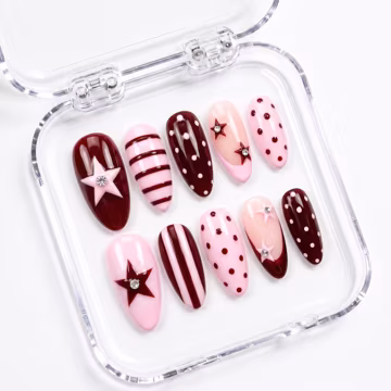 Cherry Red Press On Nails, Pink Star Nails, Cute Coquette Nails, Handmade Fake Nails, Reusable Glue On Nails, Gift for Nail Lover