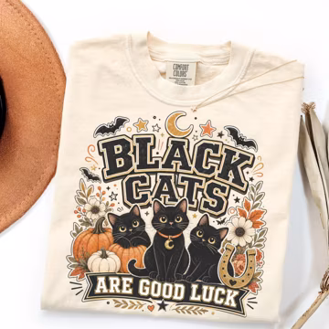 Comfort Colors Black Cat Shirt, Good Luck Halloween Cat Mom Gift