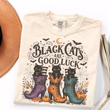 Comfort Colors Black Cat Shirt, Good Luck Halloween Cat Mom Gift
