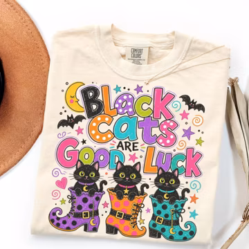 Comfort Colors Black Cat Shirt, Good Luck Halloween Cat Mom Gift