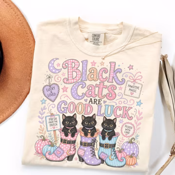 Comfort Colors Black Cat Shirt, Good Luck Halloween Cat Mom Gift