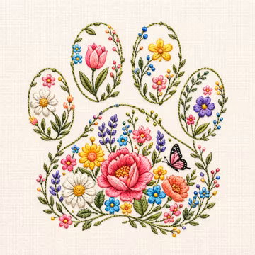 Floral Paw Embroidery Design, Colorful Dog Paw Print, Bright Flower Paw, Pet Lover Gift, Butterfly Satin Stitch Embroidery File