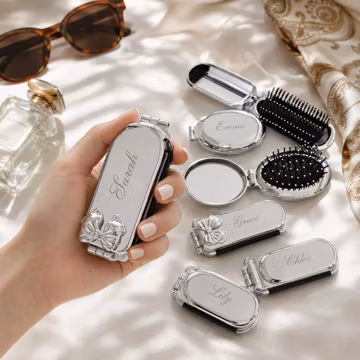 Personalized Folding Comb & Mirror, Custom Engraved Pocket Hair Brush, Silver Travel Compact Mirror, Bridesmaid Gift for Her