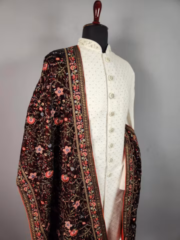 Red Embroidered Wedding Shawl for Groom - Indian Sherwani Dupatta