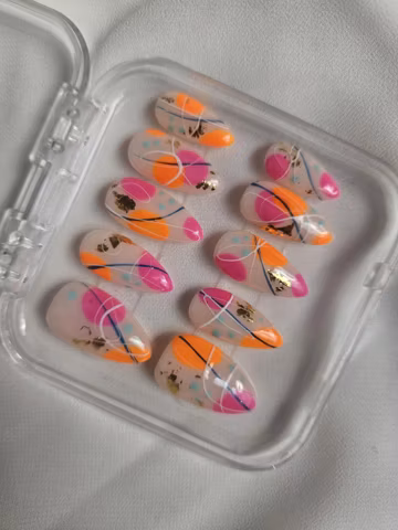 Minimalist Abstract Press On Nails - Matte Black & Sunset Gradient - Handmade Custom Gel Nails -Summer Reusable Fake Nails