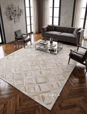 Beige Cowhide Area Rug – Handmade Hair on Hide Leather Patchwork Carpets For Living Room