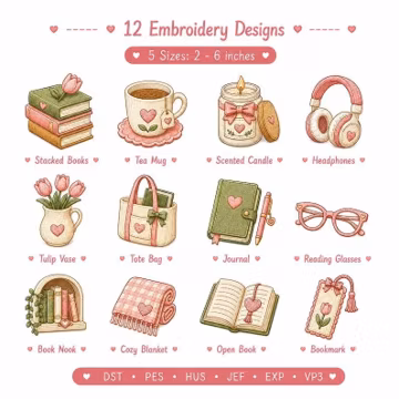 Cozy Reading Embroidery Designs Bundle, Book Lover Cottagecore Files (Instant Download)