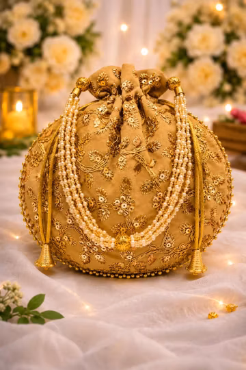 Gold Embroidered Potli Bag | Pearl Handle Bridal Clutch | Indian Wedding Purse | Handmade Drawstring Handbag .