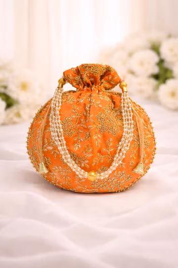 Orange Embroidered Potli Bag with Pearl Handle | Indian Bridal Clutch Purse | Wedding Drawstring Handbag | Festive Gift Bag .