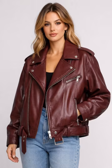 Women Oversized Burgundy Leather Biker Jacket – Genuine Lambskin Relaxed Fit Moto Coat