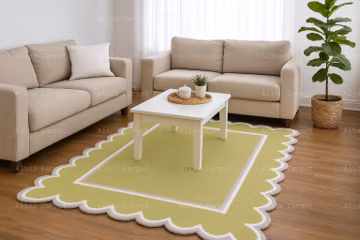 Scalloped Light Green Wool Rug: Irregular Shape, Hand-Tufted