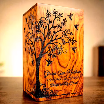Tree of Life Urn for Ashes, Personalized Wood Cremation Urn for Mom, Wife or Sister, Hummingbird Memorial Urn Box for Adult Female, Keepsake