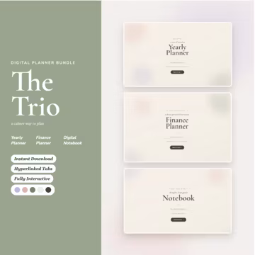 Digital Planner Bundle | Yearly, Finance and Notebook Planner Trio | Interactive HTML Planner for Browser and Table