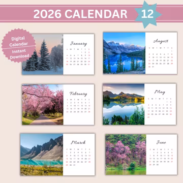 2026 Nature Photography Calendar, Scenic Landscape Monthly Planner (Digital Download)