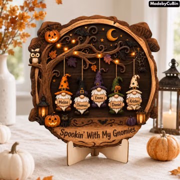 Personalized Gnome Family Wooden Table Sign, Spookin' With My Gnomies Wood Plaque, Halloween Family Decor, Custom Name Gift