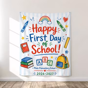 Personalized First Day of School Banner, Custom Elementary School Welcome Sign, Back to School Fabric Tapestry, Classroom Photo Backdrop