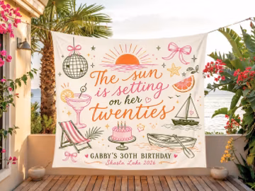 The Sun Is Setting on Her Twenties Banner, Personalized 30th Birthday Lake Party Backdrop, Summer Cocktail Fabric Sign