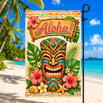 Aloha Tiki Garden Flag, Tropical Hawaiian Welcome Yard Decor, Hibiscus Palm Beach Porch Flag, Summer Luau Housewarming Gift